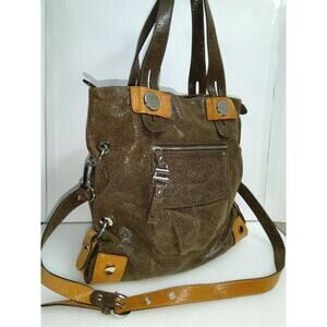 B. Makowsky Brown Metallic Leather Large Satchel Shoulder Bag